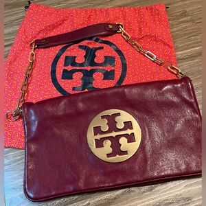 Tory Burch “Reva” red leather gold chain clutch